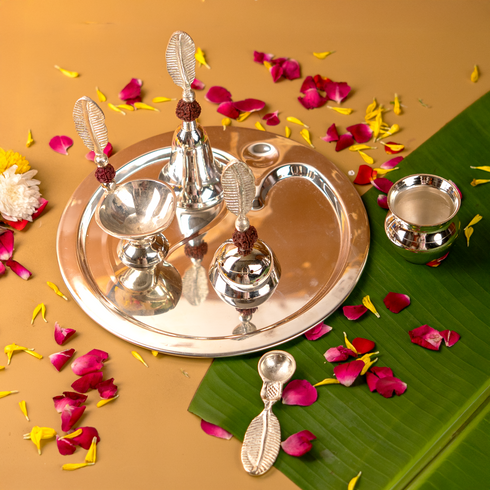 Servdharm Silver Plated Rudraksha Pooja Thali Set with Premium Gift Box