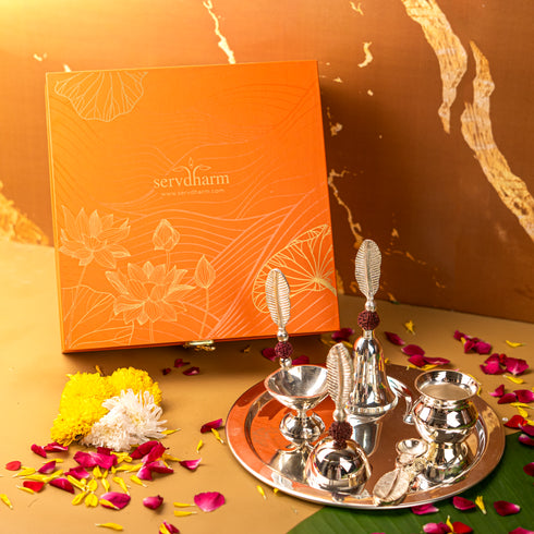 Servdharm Silver Plated Rudraksha Pooja Thali Set with Premium Gift Box