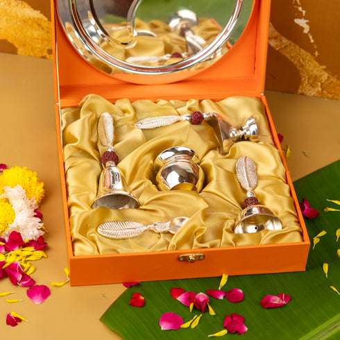 Servdharm Silver Plated Rudraksha Pooja Thali Set with Premium Gift Box