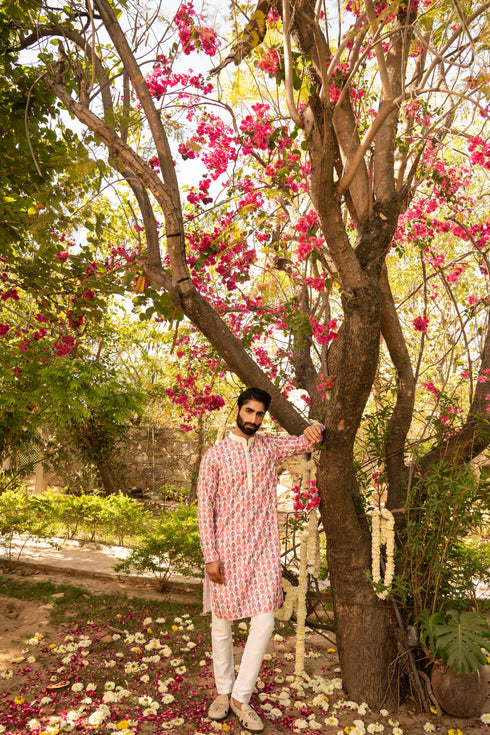 Kzari Vibrant Coral Pink Digital Print Kurta