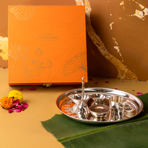 Servdharm Pure Brass Silver Plated Mangal Kalash Thali Set 10 inch