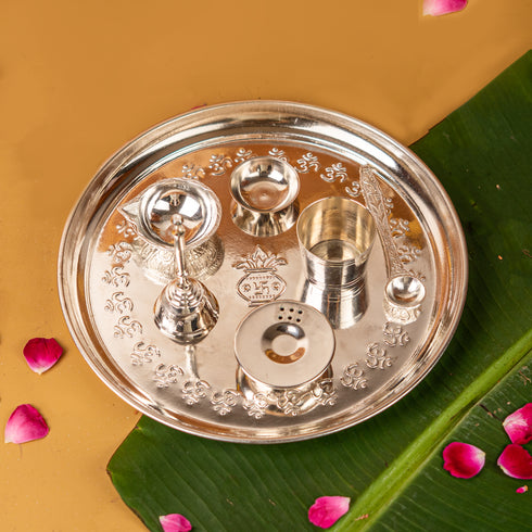 Servdharm Pure Brass Silver Plated Mangal Kalash Thali Set 10 inch