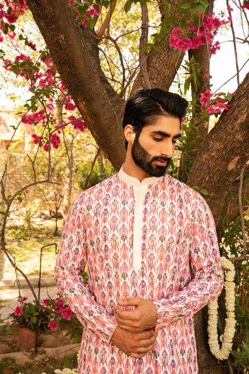 Kzari Vibrant Coral Pink Digital Print Kurta