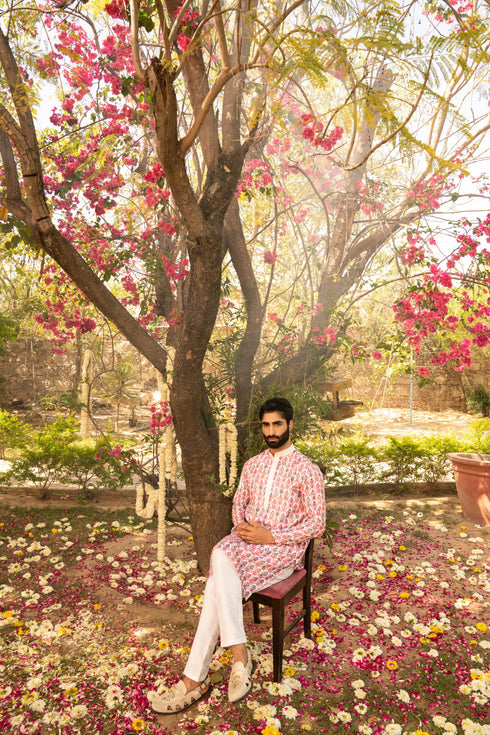 Kzari Vibrant Coral Pink Digital Print Kurta