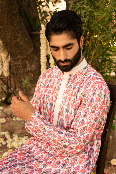Kzari Vibrant Coral Pink Digital Print Kurta