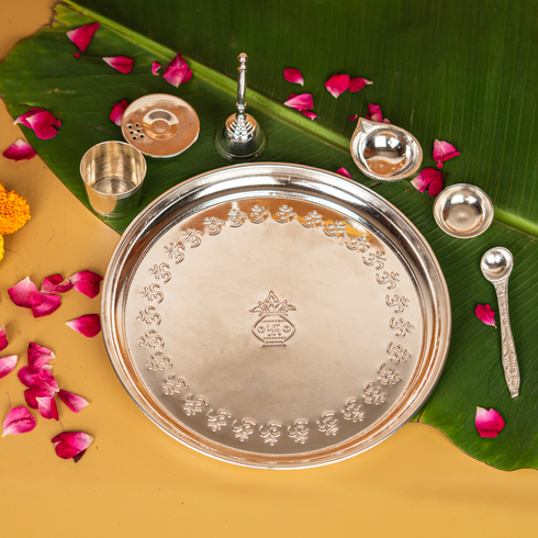 Servdharm Pure Brass Silver Plated Mangal Kalash Thali Set 10 inch