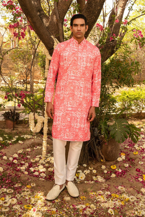 Kzari Dreamy Flamingo Peach Printed Kurta