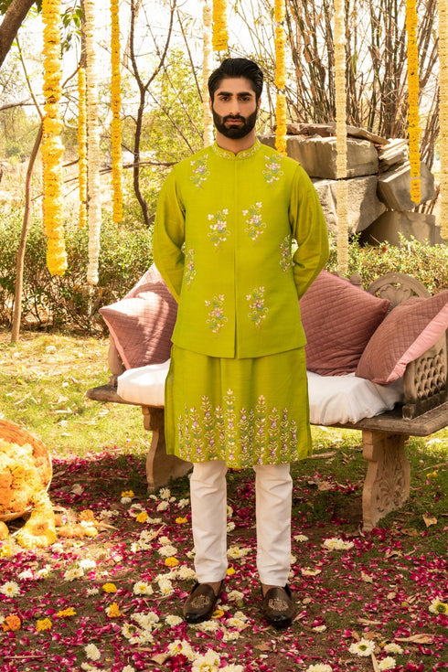 Kzari Fresh Lawn Green Bandi Kurta Set