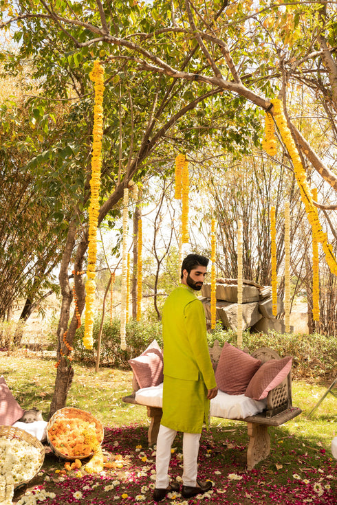 Kzari Fresh Lawn Green Bandi Kurta Set