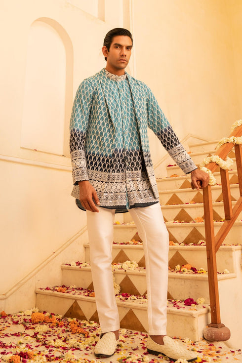 Kzari Oceanic Pacific Blue Shaded Indowestern