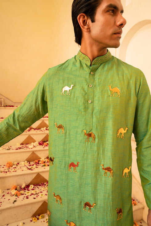Kzari Opulent Avocado Green Crystal Mirror Kurta Set