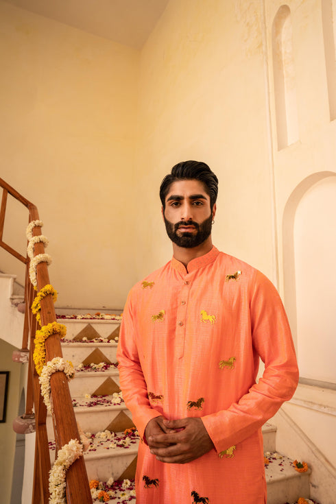 Kzari Vibrant Salmon Orange Crystal Mirror Kurta Set