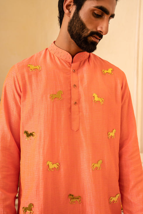 Kzari Vibrant Salmon Orange Crystal Mirror Kurta Set