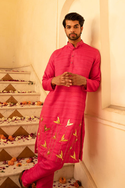 Kzari Delightful Strawberry Pink Crystal Mirror Kurta Set