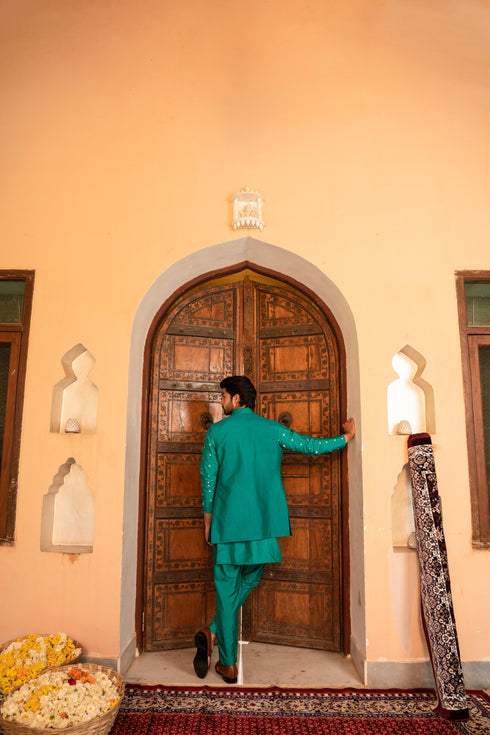 Kzari Majestic Falcon Green Indowestern