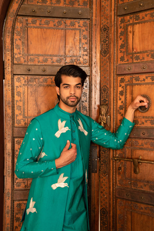 Kzari Majestic Falcon Green Indowestern
