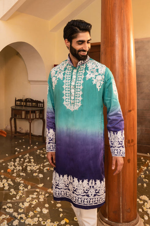 Kzari Striking Electric Blue Shaded White Embroidery Kurta