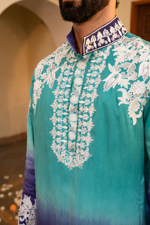Kzari Striking Electric Blue Shaded White Embroidery Kurta