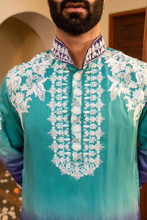 Kzari Striking Electric Blue Shaded White Embroidery Kurta