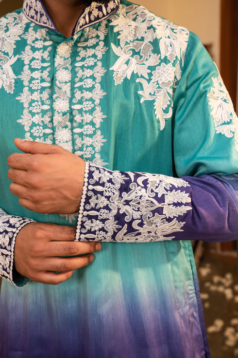 Kzari Striking Electric Blue Shaded White Embroidery Kurta
