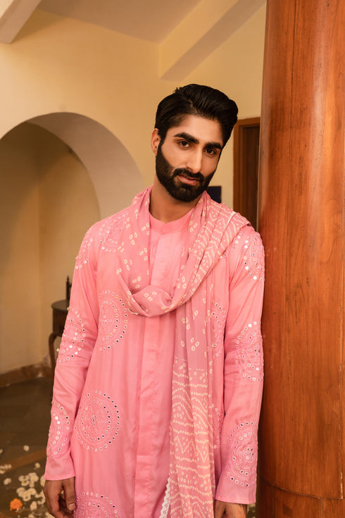 Kzari Dazzling Flamingo Pink Mirror Foil Kurta Set