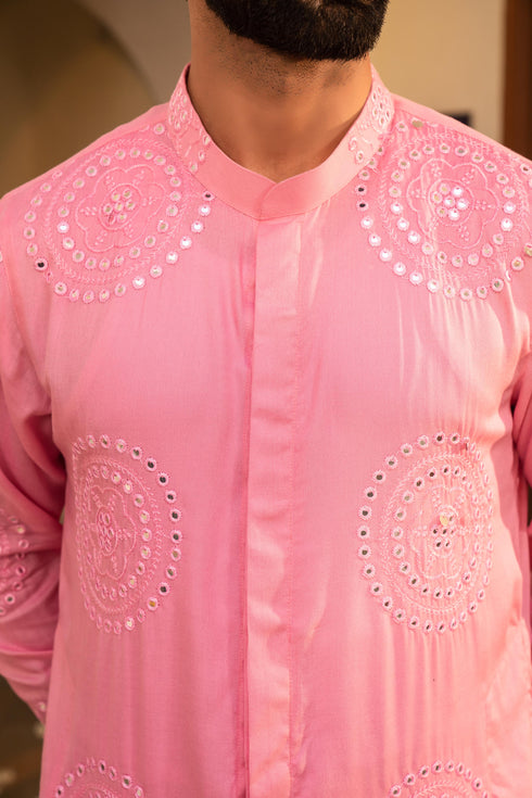 Kzari Dazzling Flamingo Pink Mirror Foil Kurta Set