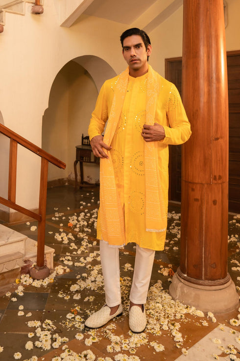 Kzari Radiant Google Yellow Mirror Foil Kurta Set