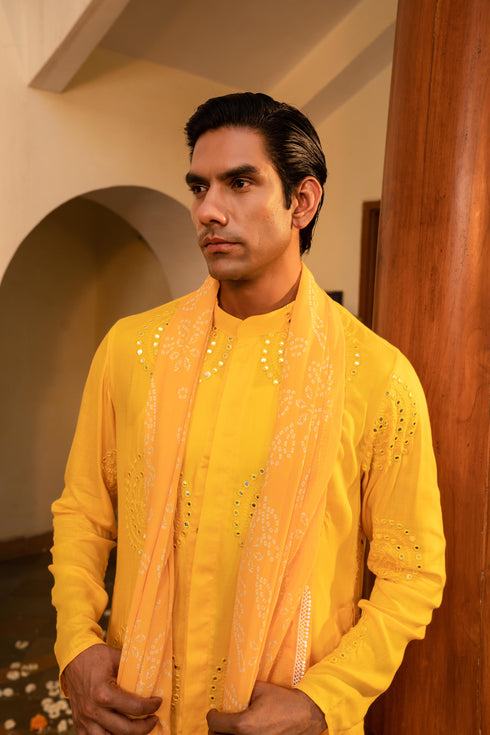 Kzari Radiant Google Yellow Mirror Foil Kurta Set