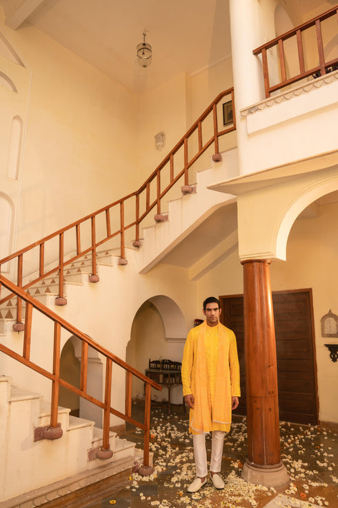 Kzari Radiant Google Yellow Mirror Foil Kurta Set