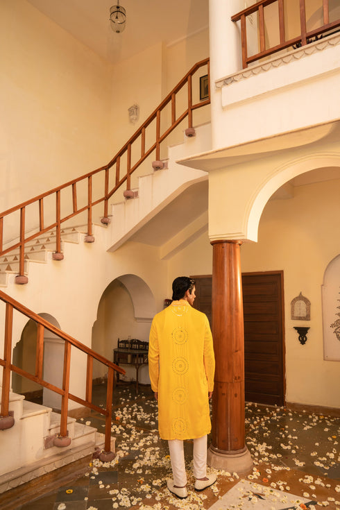 Kzari Radiant Google Yellow Mirror Foil Kurta Set