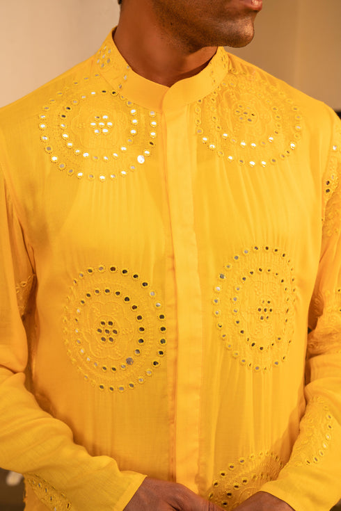 Kzari Radiant Google Yellow Mirror Foil Kurta Set