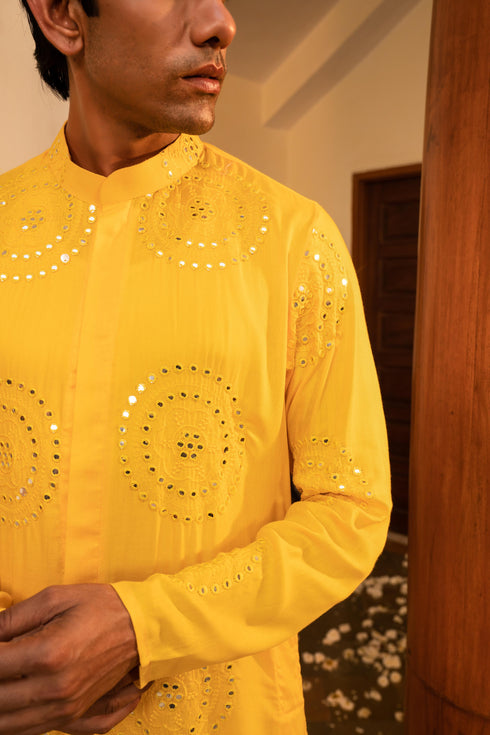 Kzari Radiant Google Yellow Mirror Foil Kurta Set