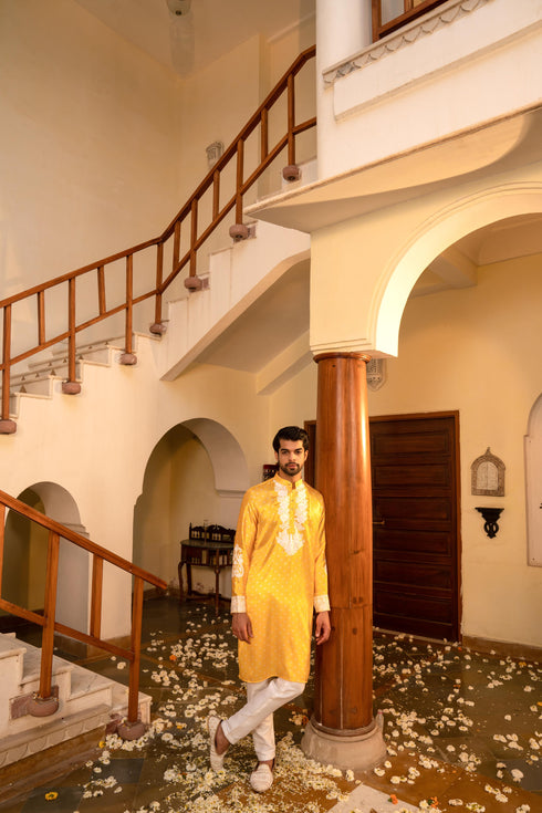 Kzari Radiant Jasmine Yellow Bandhani White Embroidery Kurta
