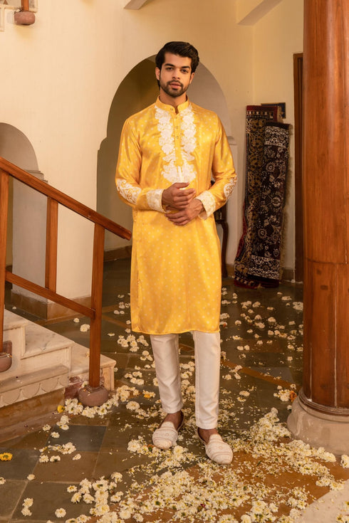 Kzari Radiant Jasmine Yellow Bandhani White Embroidery Kurta