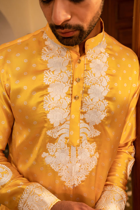 Kzari Radiant Jasmine Yellow Bandhani White Embroidery Kurta