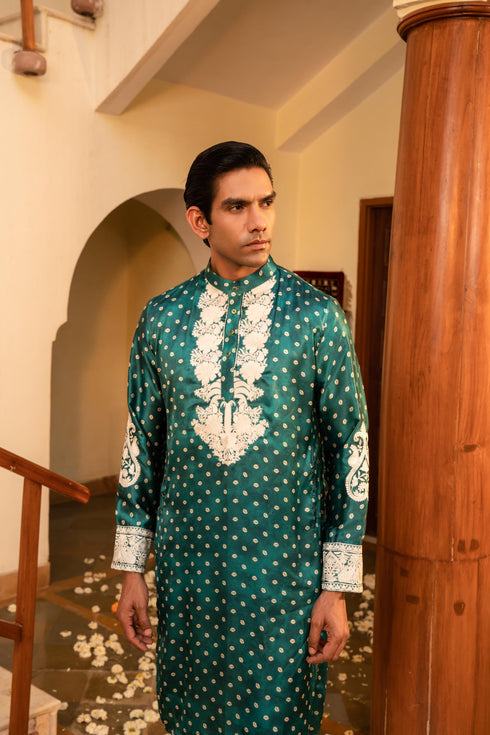 Kzari Fresh Spring Green Bandhani White Embroidery Kurta