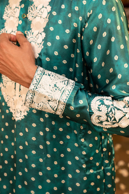 Kzari Fresh Spring Green Bandhani White Embroidery Kurta