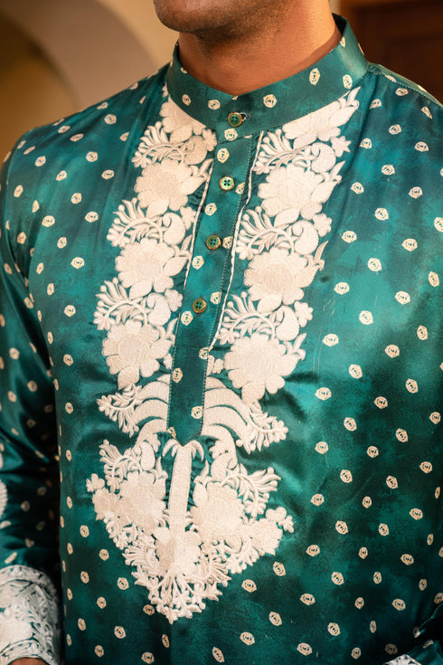 Kzari Fresh Spring Green Bandhani White Embroidery Kurta