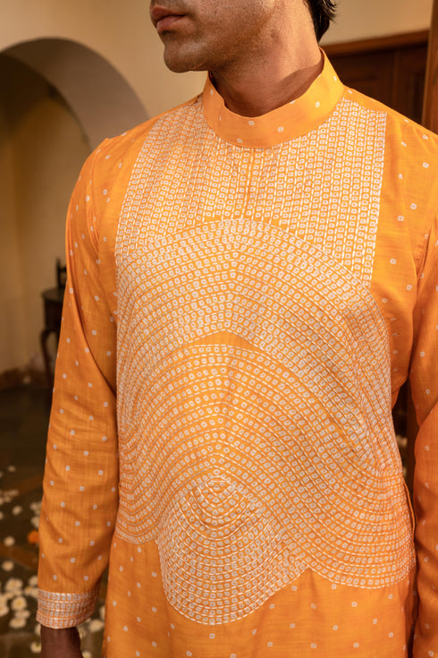 Kzari Brilliant Sun Yellow Bandhani White Embroidery Kurta