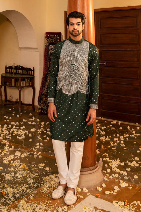Kzari Elegant Tiffany Green Bandhani White Embroidery Kurta
