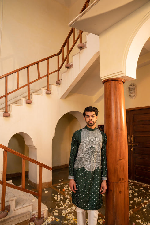 Kzari Elegant Tiffany Green Bandhani White Embroidery Kurta