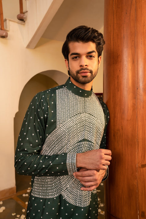 Kzari Elegant Tiffany Green Bandhani White Embroidery Kurta