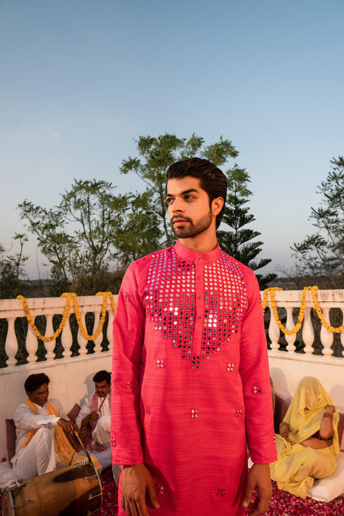 Kzari Majestic Hawa Mahal Red Mirror Kurta