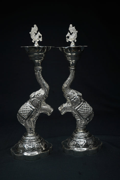 Pure Silver Elephant And Peacock Diya Pair 360g