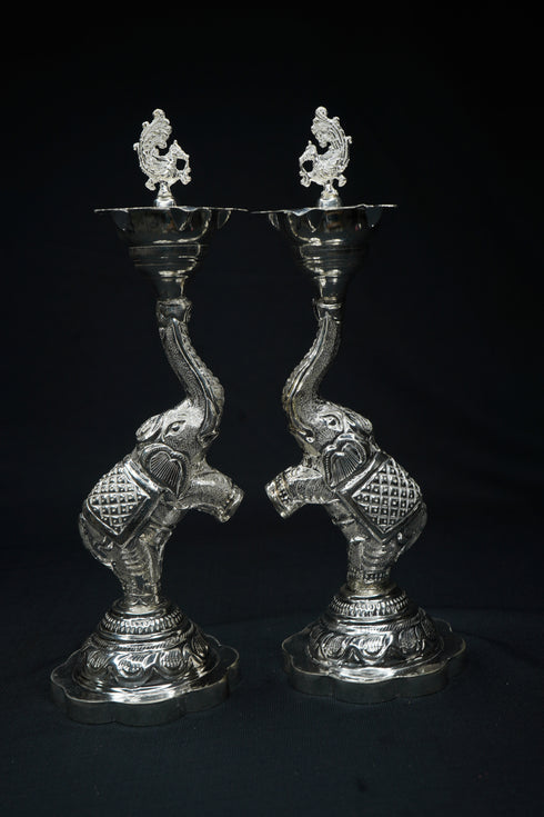 Pure Silver Elephant And Peacock Diya Pair 360g