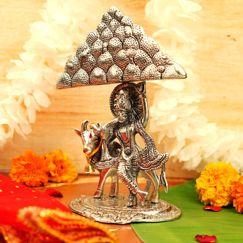 Servdharm Govardhan Krishna Idol 8.5 inch Silver Plated
