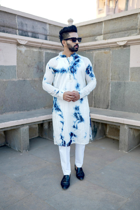 Kzari Nila-Wala Safed Chanderi Silk Tie & Dye Kurta