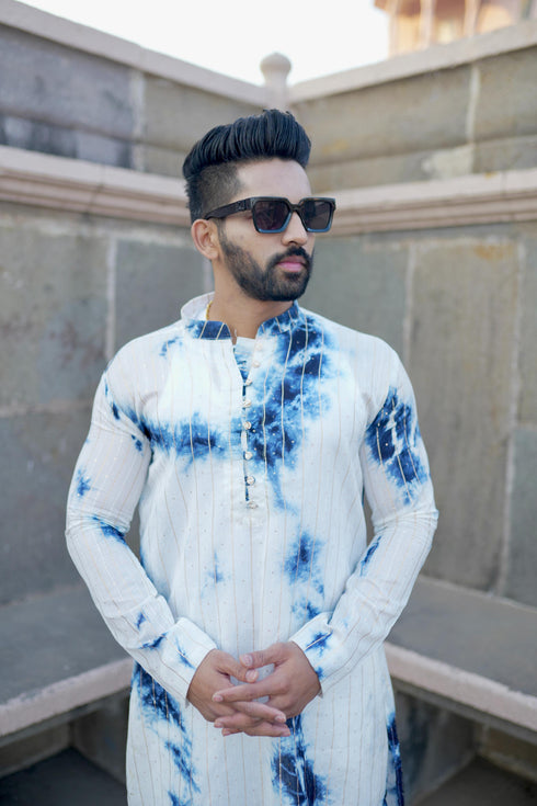 Kzari Nila-Wala Safed Chanderi Silk Tie & Dye Kurta