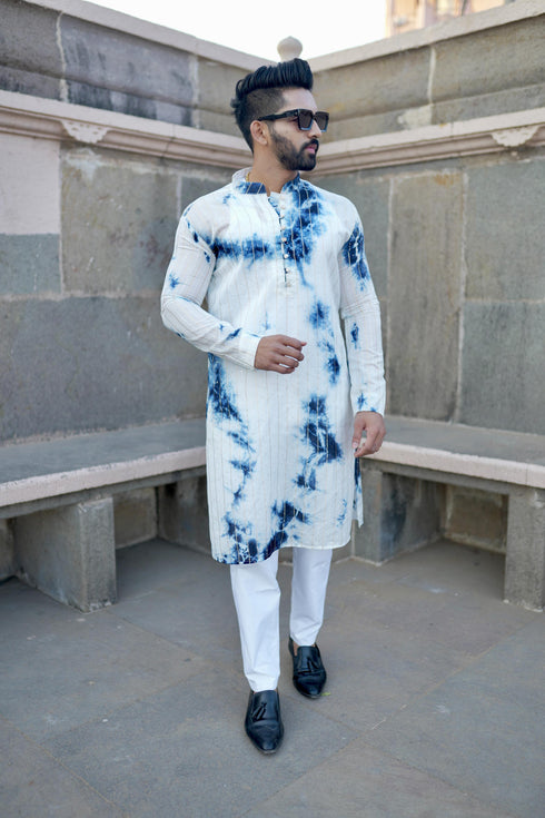 Kzari Nila-Wala Safed Chanderi Silk Tie & Dye Kurta