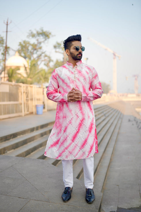 Kzari Gulabi Nazaqat Chanderi Silk Kurta with Checks and Mirror Embellishments